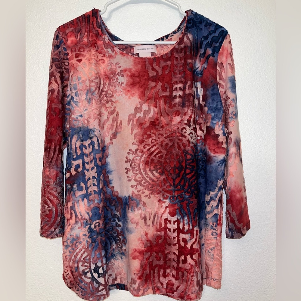 Allison Daley Red & Blue Abstract Burnout Velvet Tunic